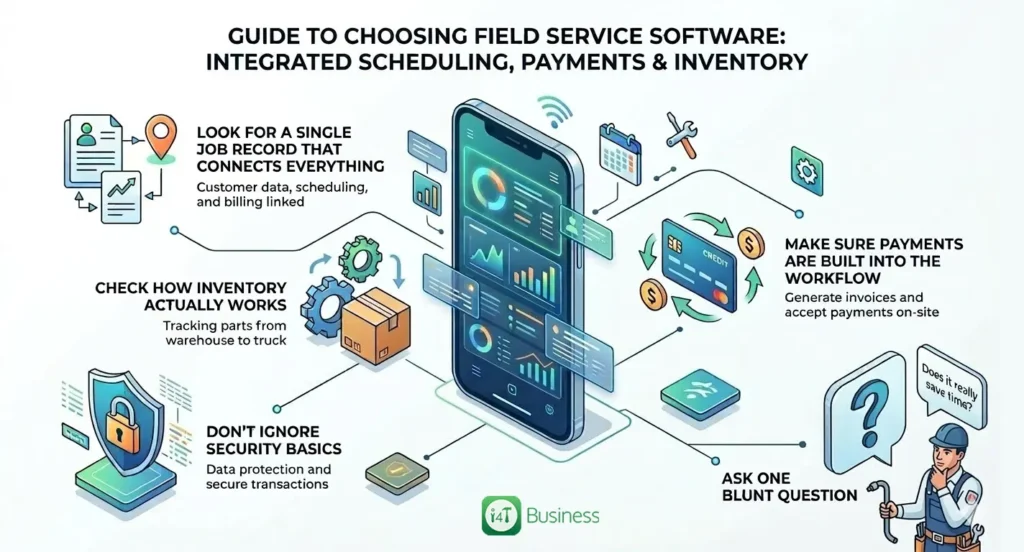 What should I look for when choosing field service software that handles scheduling, payments, and inventory together?