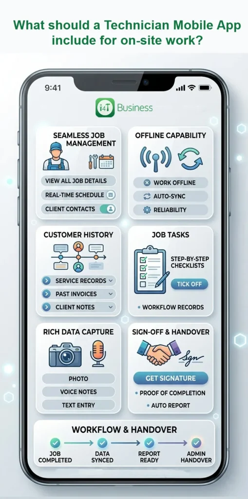 What should a technician mobile app include for on-site work?